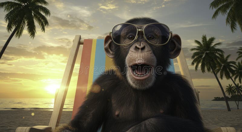 AI Generative Chimpanzee on Beach Lounger at Sunset: Tropical Vacation Fun royalty free stock image