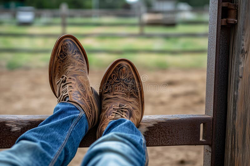 A cowboy leans back with feet atop a stable gate, showcasing intricately designed boots and a classic hat in a serene countryside setting. Stable rustic style stock images, royalty-free photos and pictures
