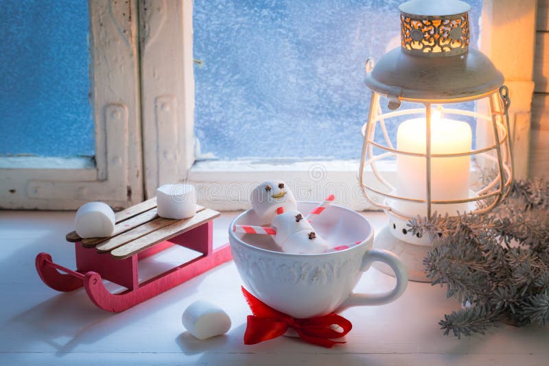 Relaxing in Hot Cocoa Snowman Made of Marshmallows for Xmas Stock Image ...