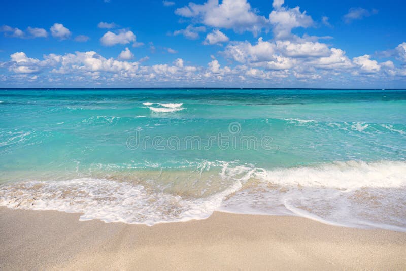 Relaxing Landscape view of beach, clear sea, blue sky. Beautiful tropical landscape with turquoise ocean. Horizon line on the