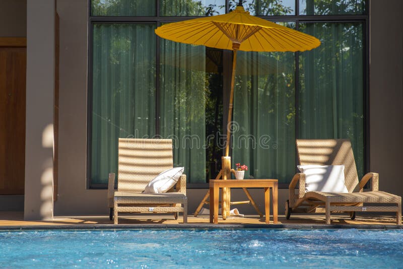 Relaxing Rattan Chairs with Pillows beside Swimming Pool Stock Photo Image of poolside