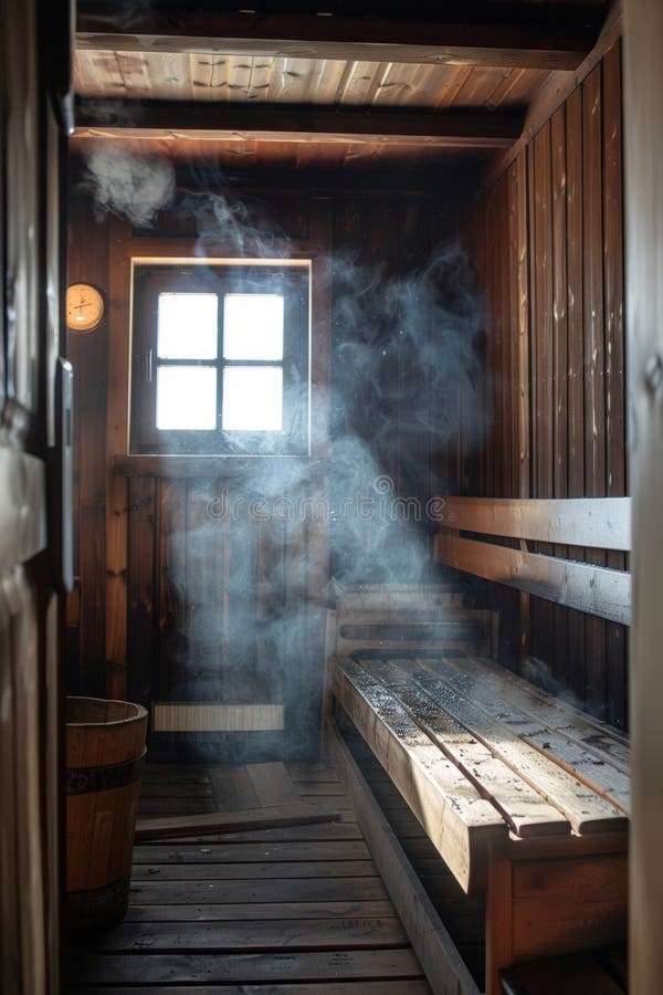 Warm steam fills the wooden sauna where benches await relaxation. Sunlight pours through the window, creating a serene atmosphere for unwinding after a long day. Pampering experience stock images, royalty-free photos and pictures