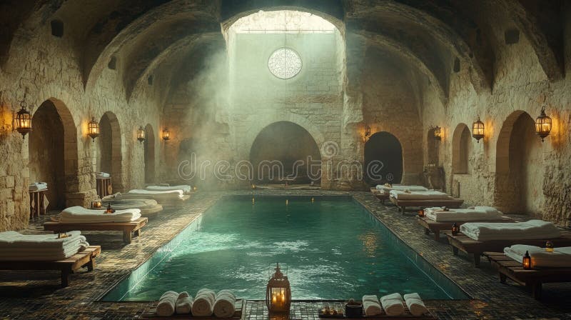 Experience the calming atmosphere of a traditional Mediterranean bathhouse, featuring a steam filled central pool, warm lighting, and carefully arranged herbal oils. Pampering experience stock images, royalty-free photos and pictures