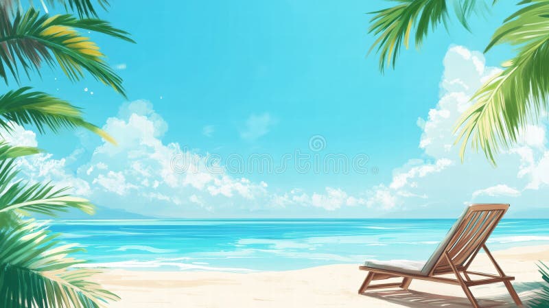 Relaxter Blick auf den Strand mit Liegestühlen unter Palmen an sonnigen Tagen. Generative AI lizenzfreies stockfoto