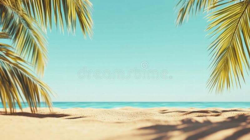 Relaxter Blick auf den Strand mit Palmen und ruhiges Meer bei hellem Tageslicht. Generative AI stockfotos