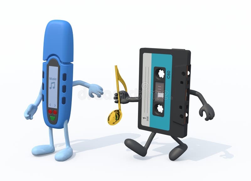Relay between old audio tape and digital music player stock illustration