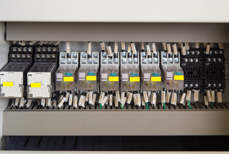 Relay panel with relays and wires