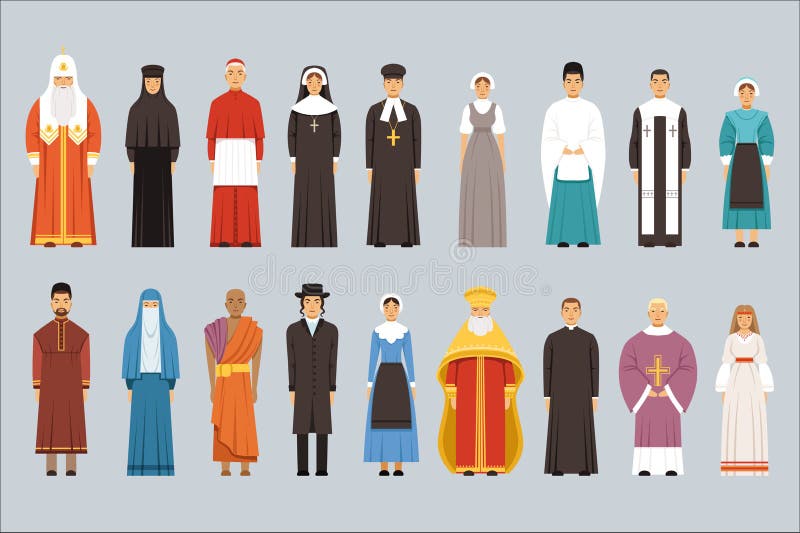 Religion people set, men and women of different religious confessions in traditional clothes vector Illustrations. Religion people set, men and women of different religious confessions in traditional clothes vector Illustrations