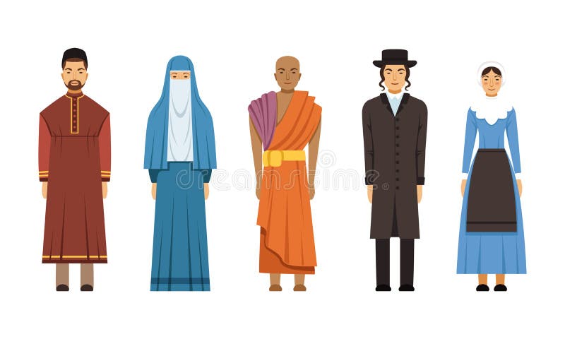 Religion People Characters in Traditional Clothes Collection, Catholic Priest and Clergyman, Mormon, Mennonite or Amich