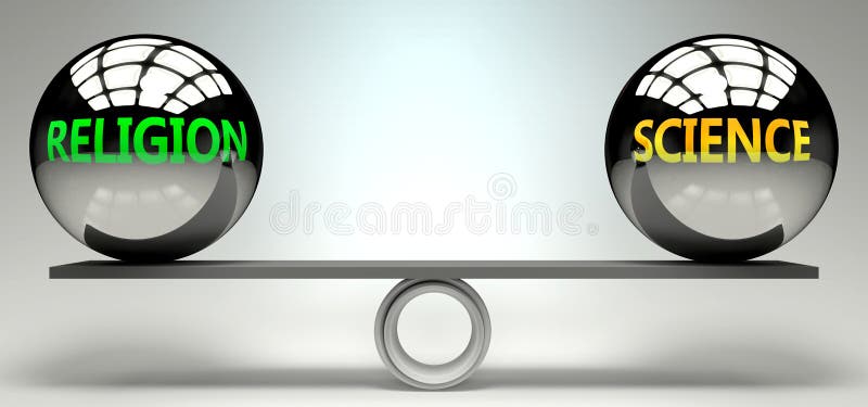 Religion and science balance, harmony and relation pictured as two equal balls with text words showing abstract idea and symmetry vector illustration
