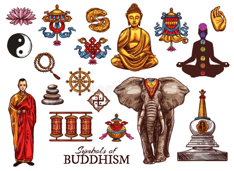 Religione di buddismo, simboli di schizzo di meditazione