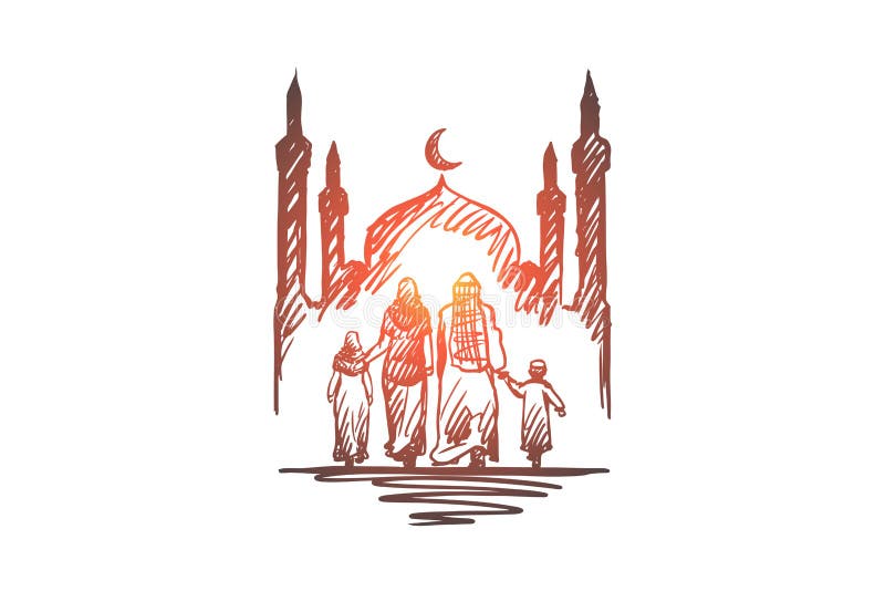 Religione, famiglia, musulmano, arabo, islam, concetto della moschea Vettore isolato disegnato a mano