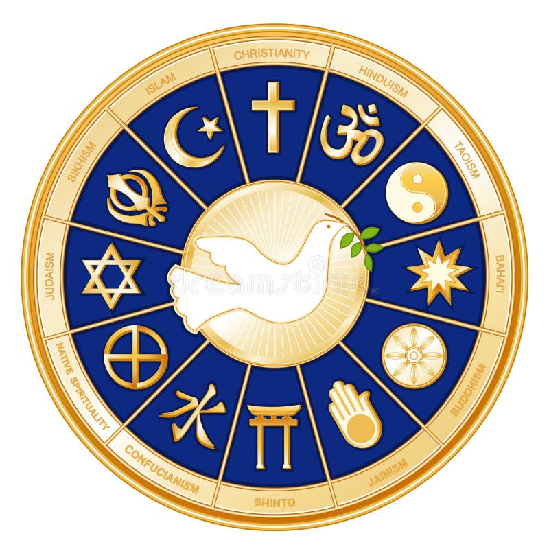 Symbols for Buddhism, Islam, Hinduism, Taoism, Christianity, Sikhism, Judaism, Confucianism, Shinto, Bahaâ€™i, Jainism, and the Medicine Wheel of Native Spirituality surrounding a dove of peace, in a gold circle with royal blue background. EPS8compatible. Symbols for Buddhism, Islam, Hinduism, Taoism, Christianity, Sikhism, Judaism, Confucianism, Shinto, Bahaâ€™i, Jainism, and the Medicine Wheel of Native Spirituality surrounding a dove of peace, in a gold circle with royal blue background. EPS8compatible.