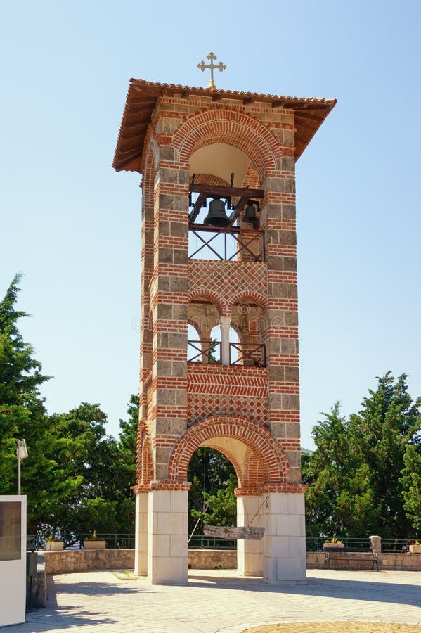 Religious architecture. Bosnia and Herzegovina, Trebinje city. Bell tower in Orthodox monastery of Hercegovacka Gracanica