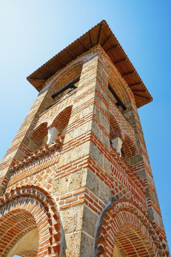 Religious architecture. Bosnia and Herzegovina, Trebinje city. Bell tower in Orthodox monastery of Hercegovacka Gracanica