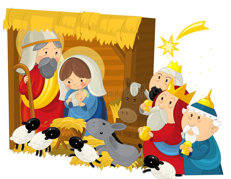 Religious illustration holy family three kings and shooting star - traditional scene - illustration for children