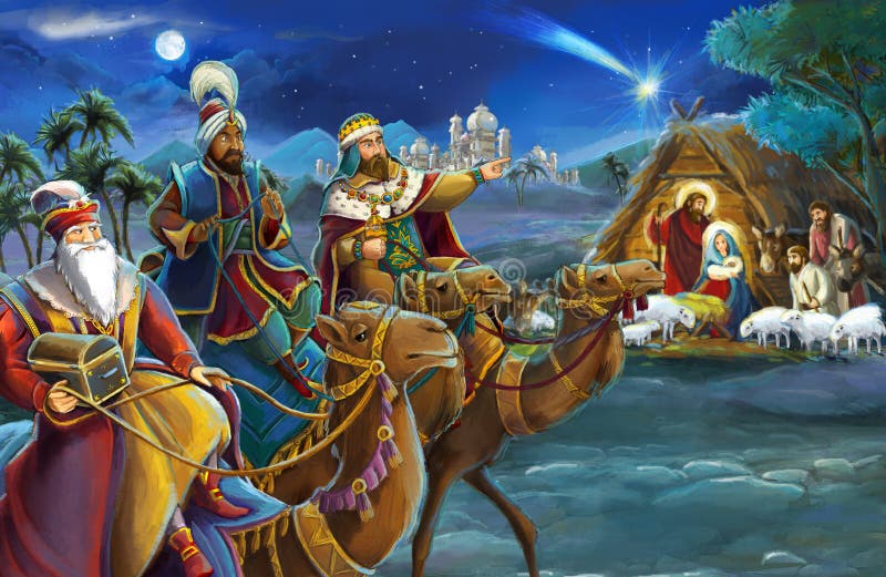 Religious illustration three kings - and holy family - traditional scene - illustration for children
