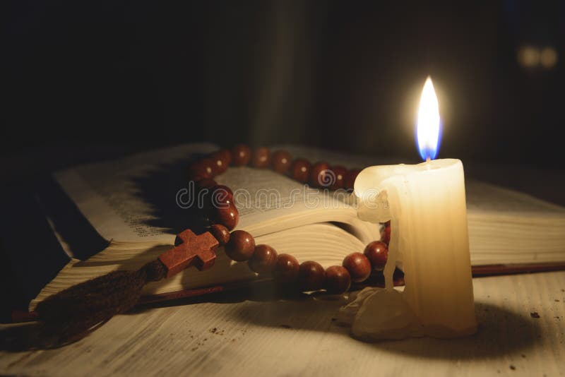 Religious Theme Candle with Incense and Holy Book Stock Photo Image