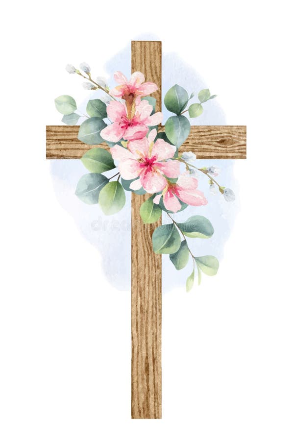 Religious Vector Cross with Eucalyptus Greenery and Flowers. Easter