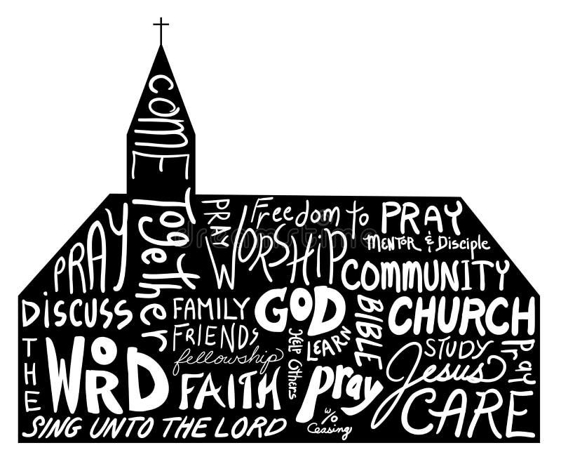 Religious word cloud art in shape of church, church bulletin design