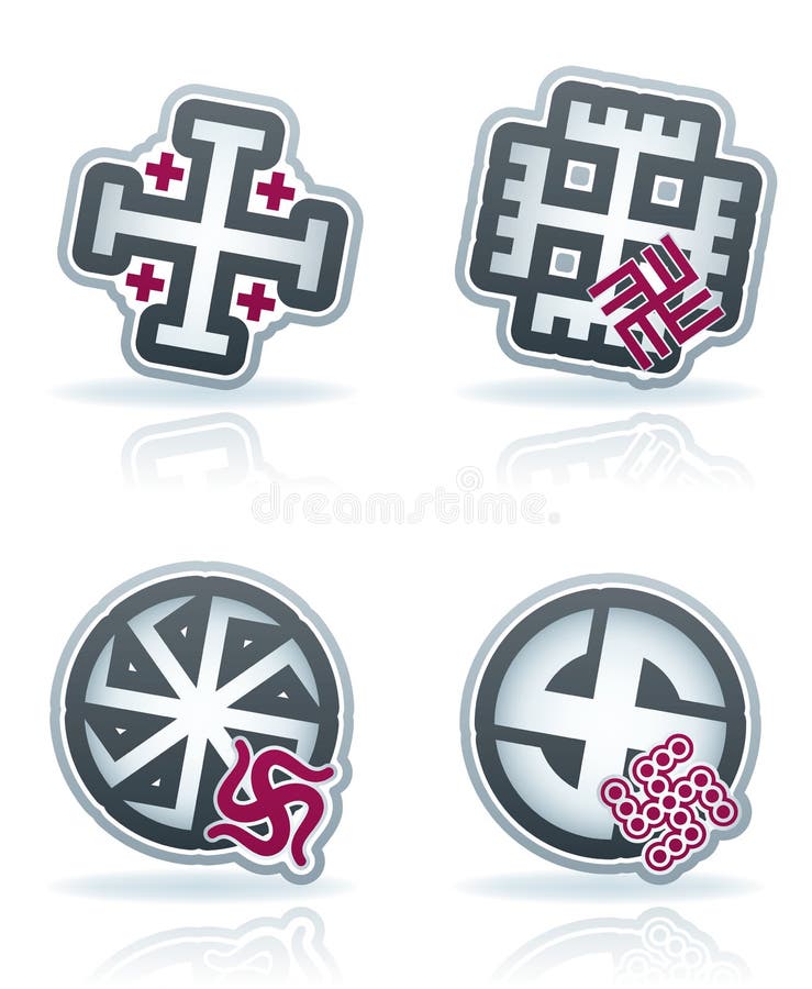 Religion is the adherence to codified beliefs and rituals, pictured here from left to right: Jerusalem Cross, Hands of God, The Kolovrat Swastika, The Kolovrat Swastika. Vector icons set saved as an Adobe Illustrator version 10 EPS file format easy to edit, resize or colorize. Files are created in CMYK color space safe for prints and easy to convert to RGB color space. Religion is the adherence to codified beliefs and rituals, pictured here from left to right: Jerusalem Cross, Hands of God, The Kolovrat Swastika, The Kolovrat Swastika. Vector icons set saved as an Adobe Illustrator version 10 EPS file format easy to edit, resize or colorize. Files are created in CMYK color space safe for prints and easy to convert to RGB color space.