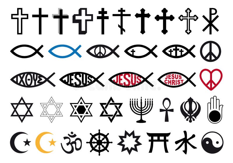 Religiösa symboler, religion undertecknar, vektoruppsättningen stock illustrationer Religiösa symboler, religion undertecknar, vektoruppsättningen stock illustrationer