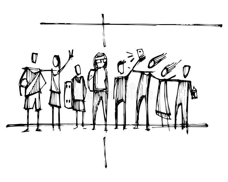 Religiöser Christian Cross mit Schattenbildern der jungen Leute stock abbildung Religiöser Christian Cross mit Schattenbildern der jungen Leute stock abbildung
