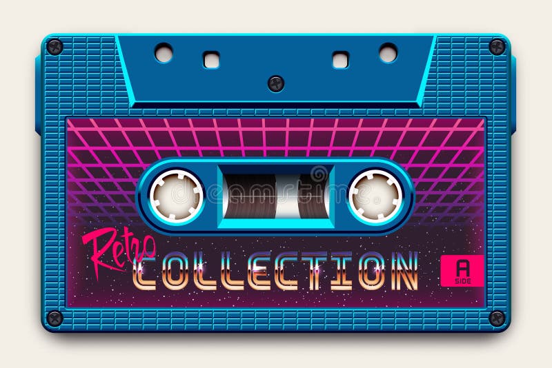 Relistisk ljusblå ljudkassett, Retro Collection, Mixtape i stil med 80-tal och Retrowave, Synthwave, Outrun royaltyfri illustrationer