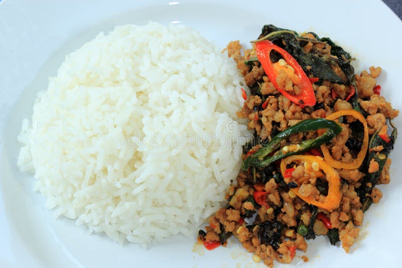 Rellene el MOO de Krapao, el cerdo sofrito picante con albahaca santa tailandesa y c fotografía de archivo libre de regalías Rellene el MOO de Krapao, el cerdo sofrito picante con albahaca santa tailandesa y c fotografía de archivo libre de regalías