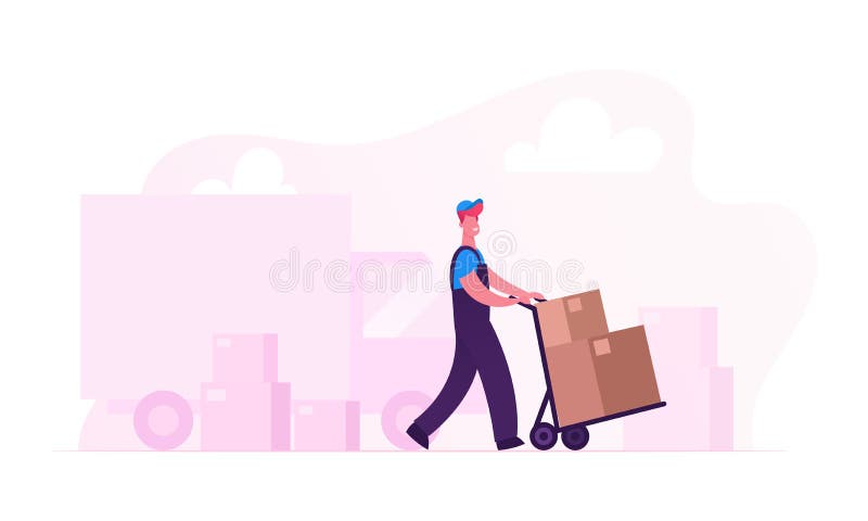 Relocation and Moving into New House Concept. Worker Wearing Uniform Pushing Trolley with Cardboard Boxes Unloading Truck royalty free illustration Relocation and Moving into New House Concept. Worker Wearing Uniform Pushing Trolley with Cardboard Boxes Unloading Truck royalty free illustration