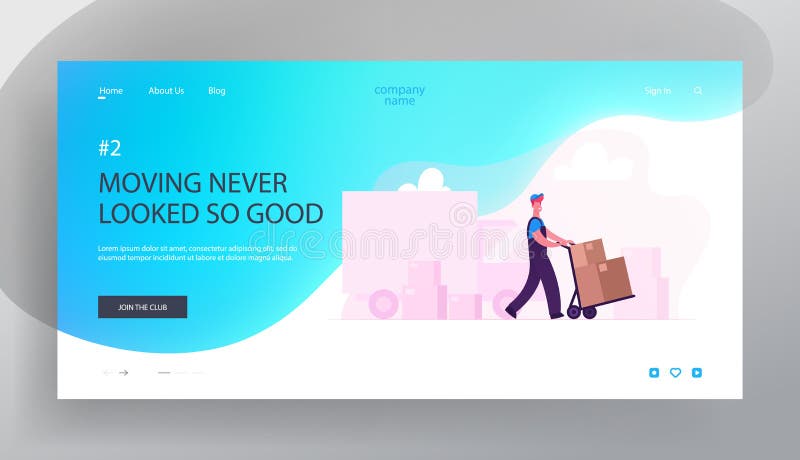 Relocation and Moving to New House Website Landing Page. Worker Push Trolley with Boxes Unloading Truck. Professional Delivery Company Loader Service Web Page Banner. Cartoon Flat Vector Illustration