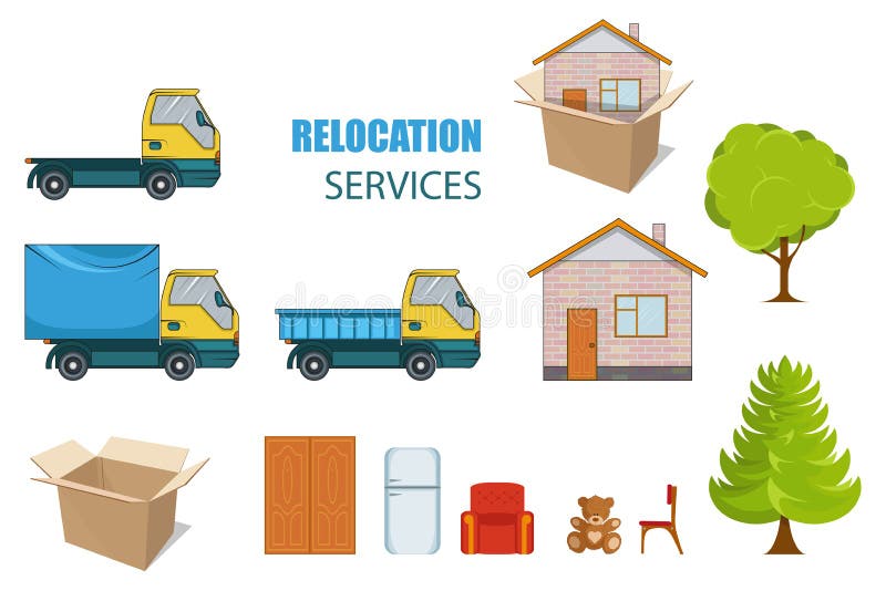 Relocation service. Moving concept. Cargo Truck is transporting things near the house with a tree. Delivery freight truck vector illustration Relocation service. Moving concept. Cargo Truck is transporting things near the house with a tree. Delivery freight truck vector illustration