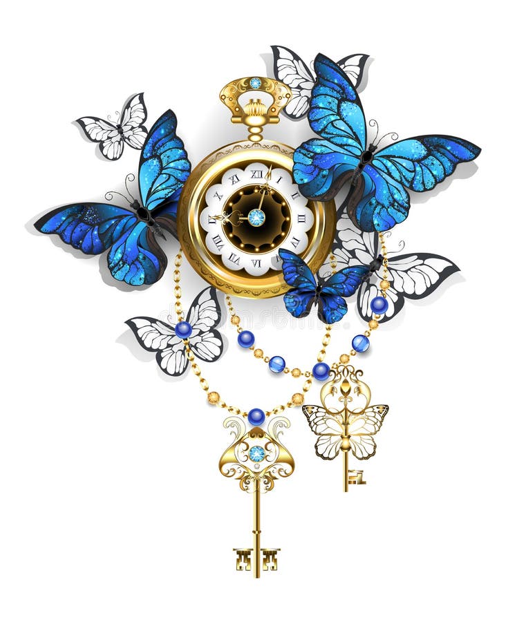 Reloj antiguo con morpho de las mariposas ilustración del vector
