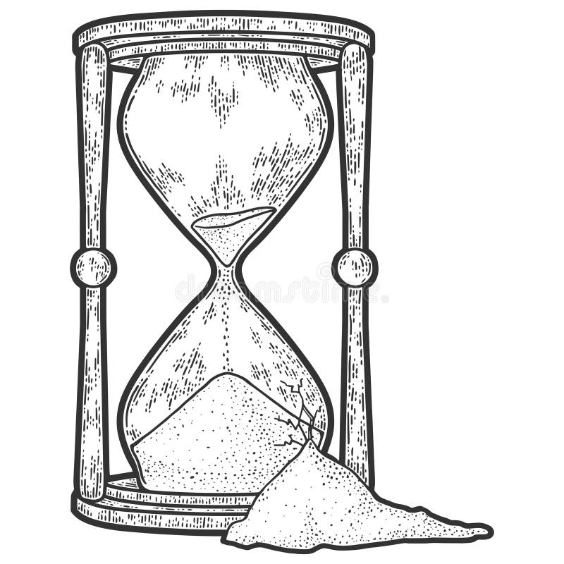Reloj de arena roto. ilustración vectorial grabado. rasguño de esbozo stock de ilustración