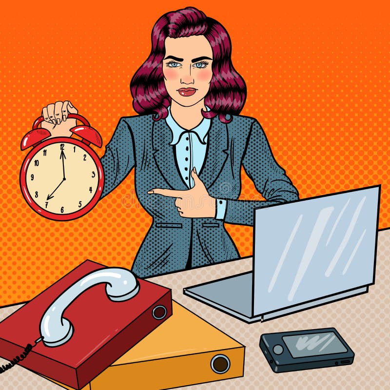 Reloj de Art Business Woman Holding Alarm del estallido en el trabajo de oficina con el ordenador portátil libre illustration Reloj de Art Business Woman Holding Alarm del estallido en el trabajo de oficina con el ordenador portátil libre illustration
