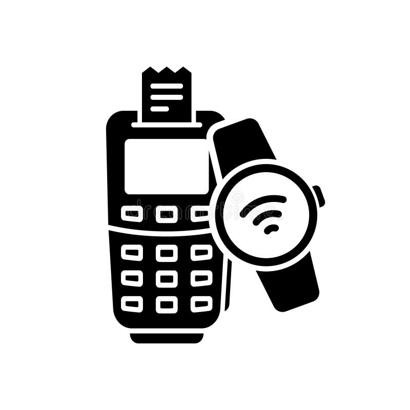 reloj con icono de silueta de tecnología nfc. pulsera smartwatch pago  inalámbrico por pictograma de glifo de compra. pulsera de mano rfid icono  de pago sin efectivo. reloj inteligente nfc. ilustración vectorial