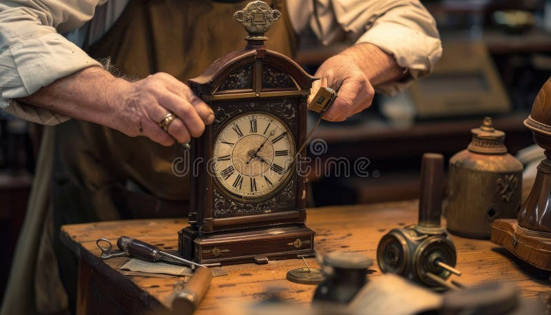Relojero está reparando meticulosamente un reloj de abuelo vintage con concentración y precisión aig62. Un anciano arregla meticulosamente el reloj de su abuelo en un desordenado taller, centrándose en detalles intrincados. aig62 ai generado