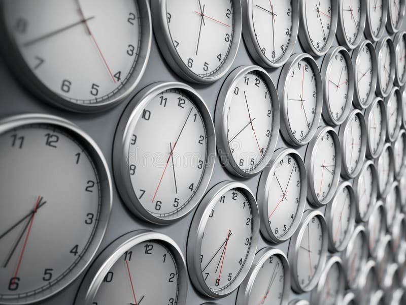Relojes de pared modernos que muestran zonas de momento diferente de las ciudades del mundo ilustración 3D libre illustration Relojes de pared modernos que muestran zonas de momento diferente de las ciudades del mundo ilustración 3D libre illustration