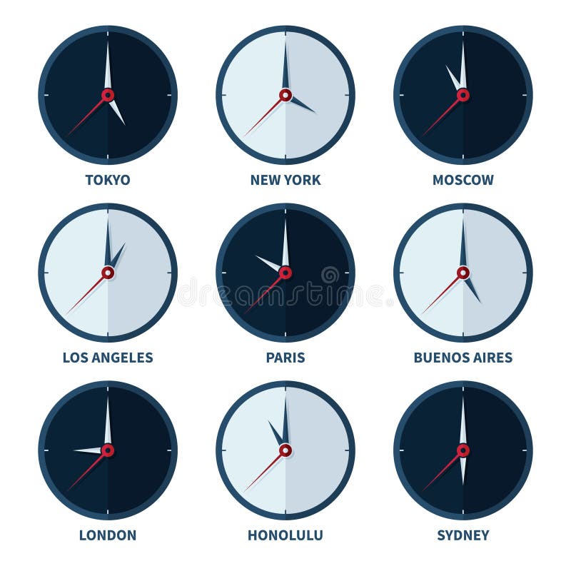 Relojes mundiales para las zonas horarias de diverso sistema del vector de las ciudades stock de ilustración Relojes mundiales para las zonas horarias de diverso sistema del vector de las ciudades stock de ilustración
