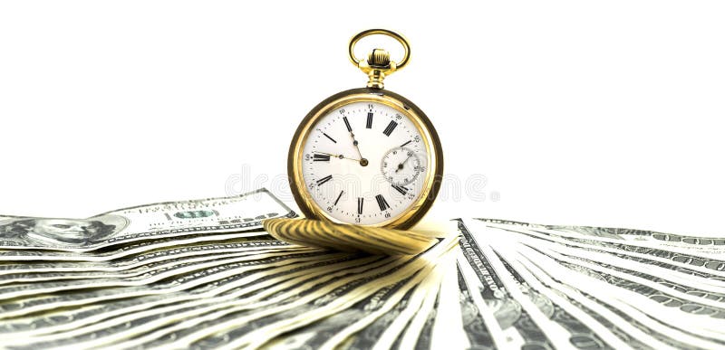 Relógio de ouro antigo em uma pilha de dólares do dinheiro isolados imagens de stock royalty free Relógio de ouro antigo em uma pilha de dólares do dinheiro isolados imagens de stock royalty free