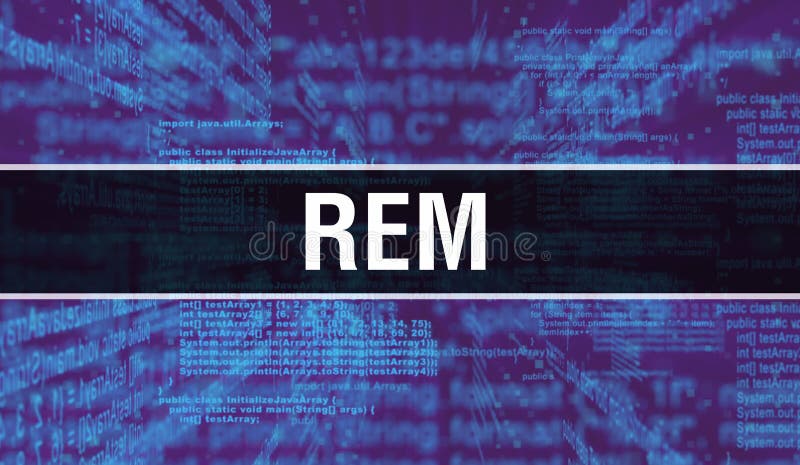 REM cu text cod Java digital. REM și concept vectorial de codificare software pentru computer. Script de codificare programare Java, cod program digital cu REM pe ilustrația ecranului 1