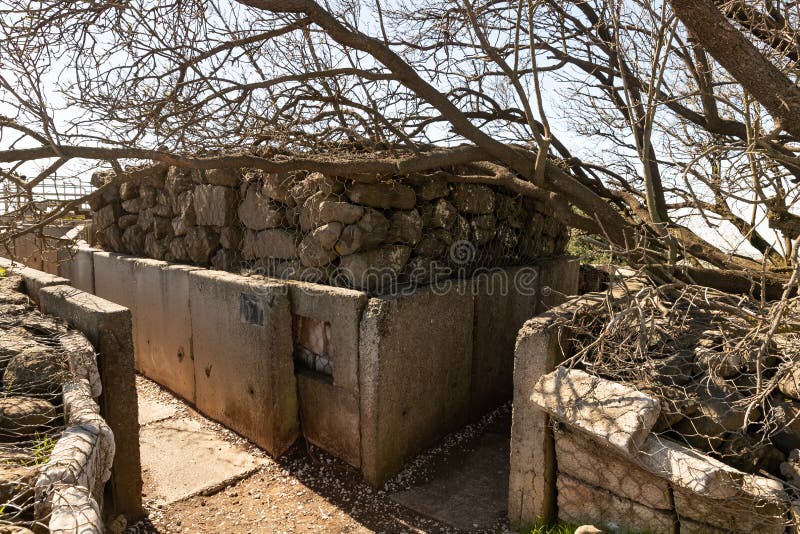 Remains  of concrete trenches of a former defensive post on Mount Bental in the Golan Heights in northern Israel