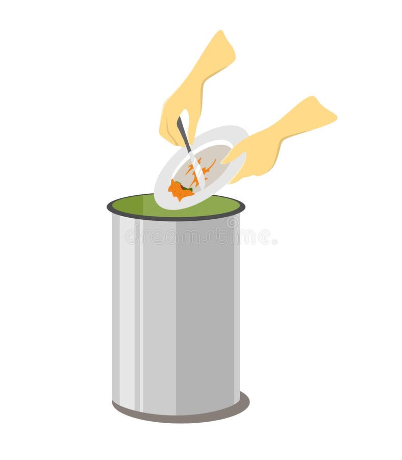 Remains of food waste are thrown into the bin, illustration isolated on white background