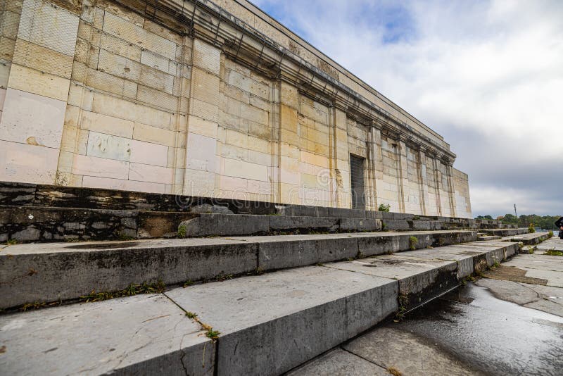 Nuremberg, Germany - October 25, 2023: The remains of German megalomania in the Third Reich, main tribune or great stand at the Zeppelin Field in Nuremberg. Hitler had his army deployed on the road