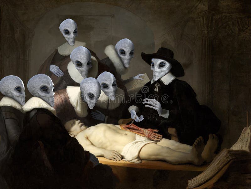 The famous Anatomy Lesson oil painting by Rembrandt made into a funny UFO space alien abduction spoof. Aliens are dissecting a dead body cadaver. The famous Anatomy Lesson oil painting by Rembrandt made into a funny UFO space alien abduction spoof. Aliens are dissecting a dead body cadaver.