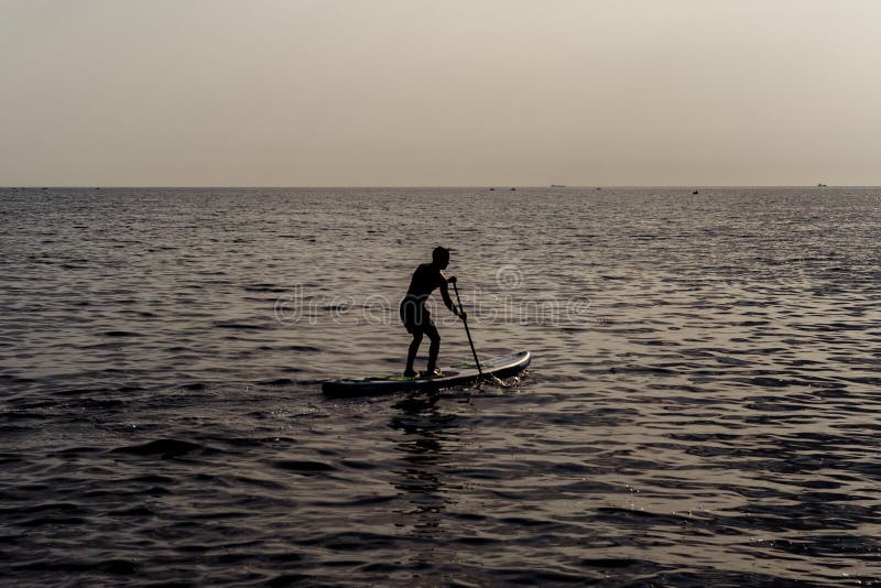 Reme a posição, silhueta do homem na praia no por do sol Surfar do SUP fotos de stock royalty free Reme a posição, silhueta do homem na praia no por do sol Surfar do SUP fotos de stock royalty free