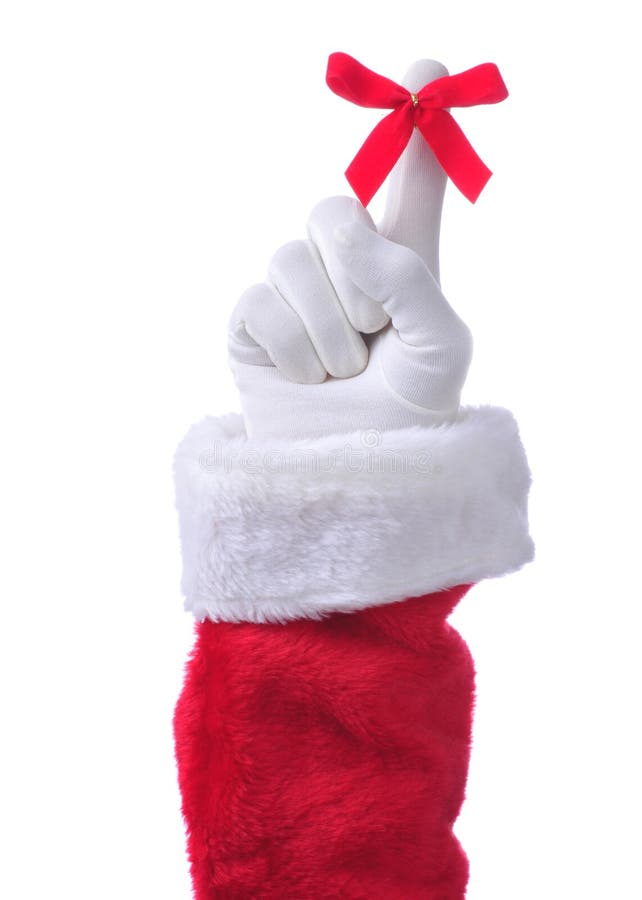 Santa Claus pointing with red ribbon tied around index finger isolated on white. Santa Claus pointing with red ribbon tied around index finger isolated on white