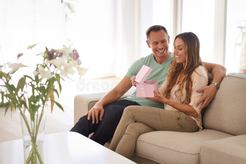 He Always Remembers Her Birthday A Handsome Man Surprising His Wife With A T Stock Image