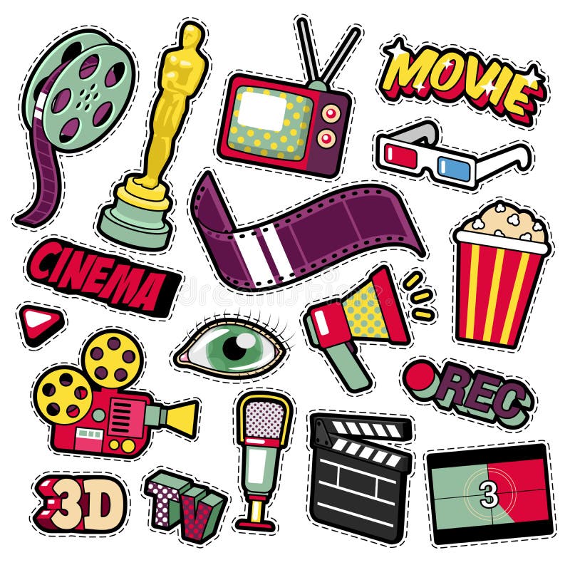 Remendos da televisão do filme do cinema, crachás, etiquetas ilustração stock Remendos da televisão do filme do cinema, crachás, etiquetas ilustração stock