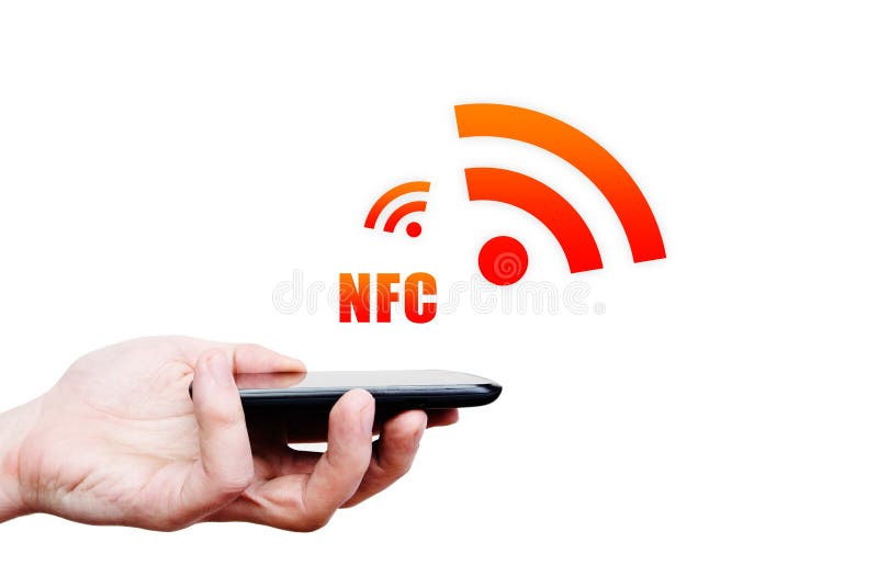Remettez tenir le smartphone avec la technologie de NFC - près du communi de champ images libres de droits Remettez tenir le smartphone avec la technologie de NFC - près du communi de champ images libres de droits